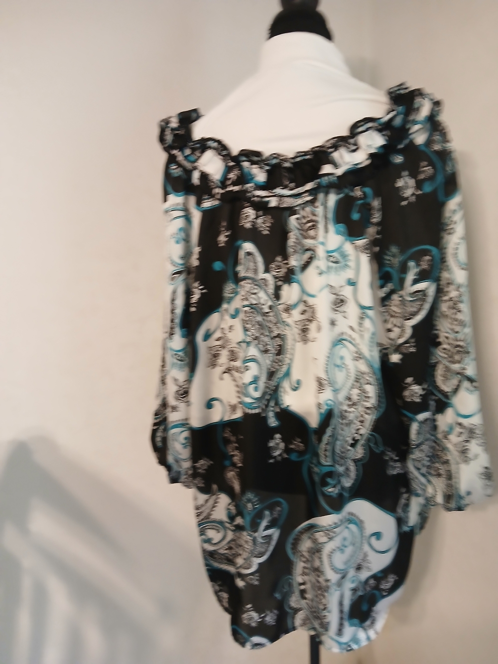 Cato Black White and Teal Paisley Off-Shoulder Tunic - Picture 5 of 7